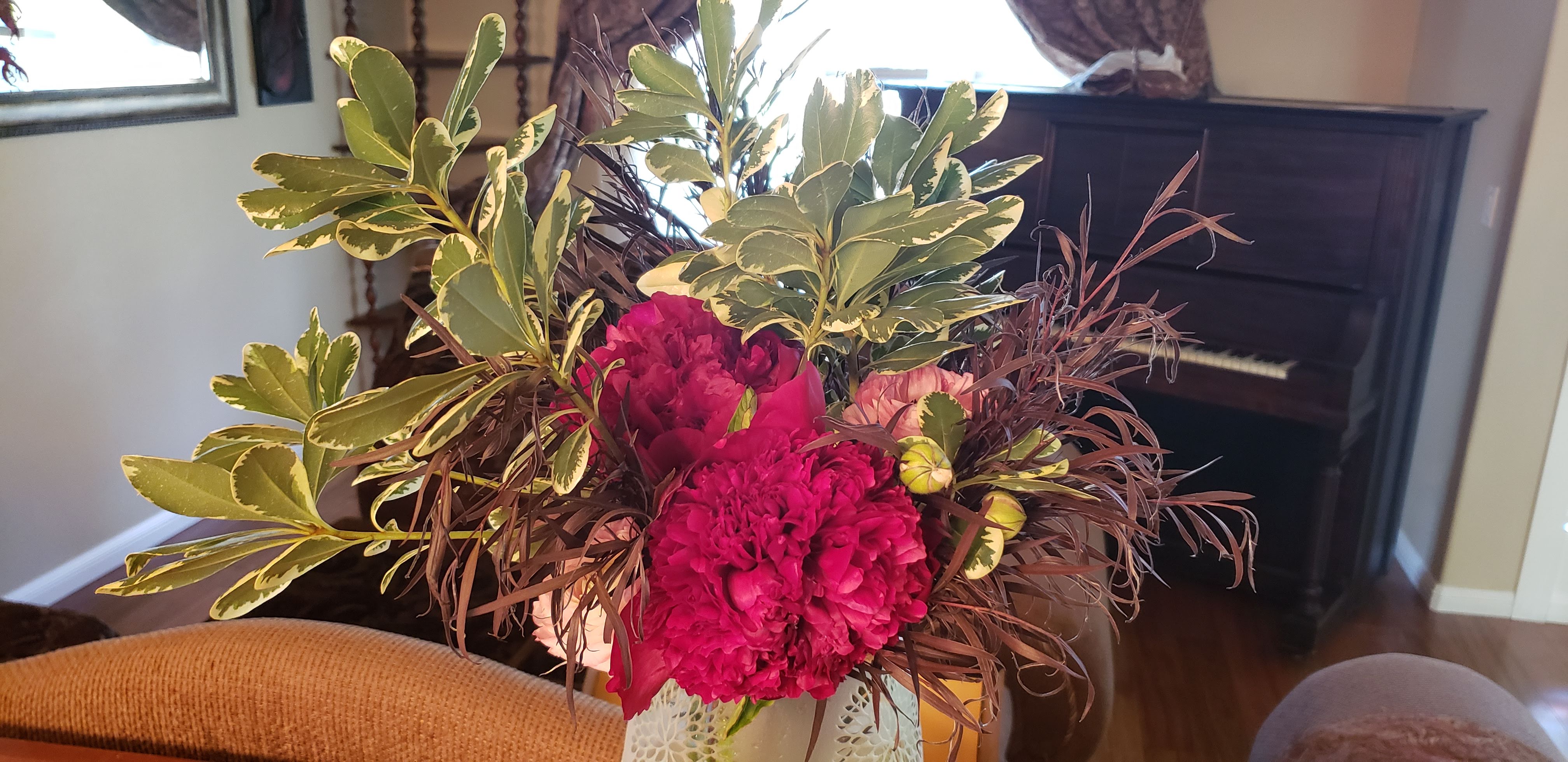 Dark Raspberry Peonies, Variegated Euonymus, Black Mondo Grass
